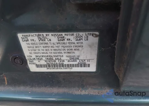 2001 Nissan Sentra Gxe from USA, damaged, VIN 3N1CB51D31L510713